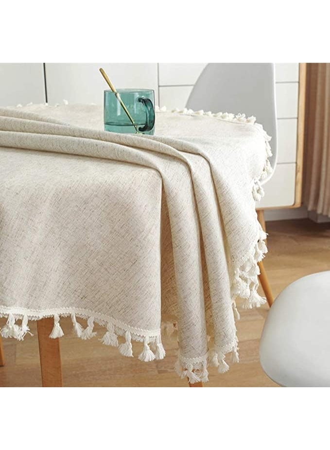 Cotton Linen TableCloth Solid Color Tassel Round Beige Tablecloth Dust-Proof Shrink-Proof Table Cover for Kitchen Dinning Tabletop Decoration (Beige, Round-120cm) - Image 4